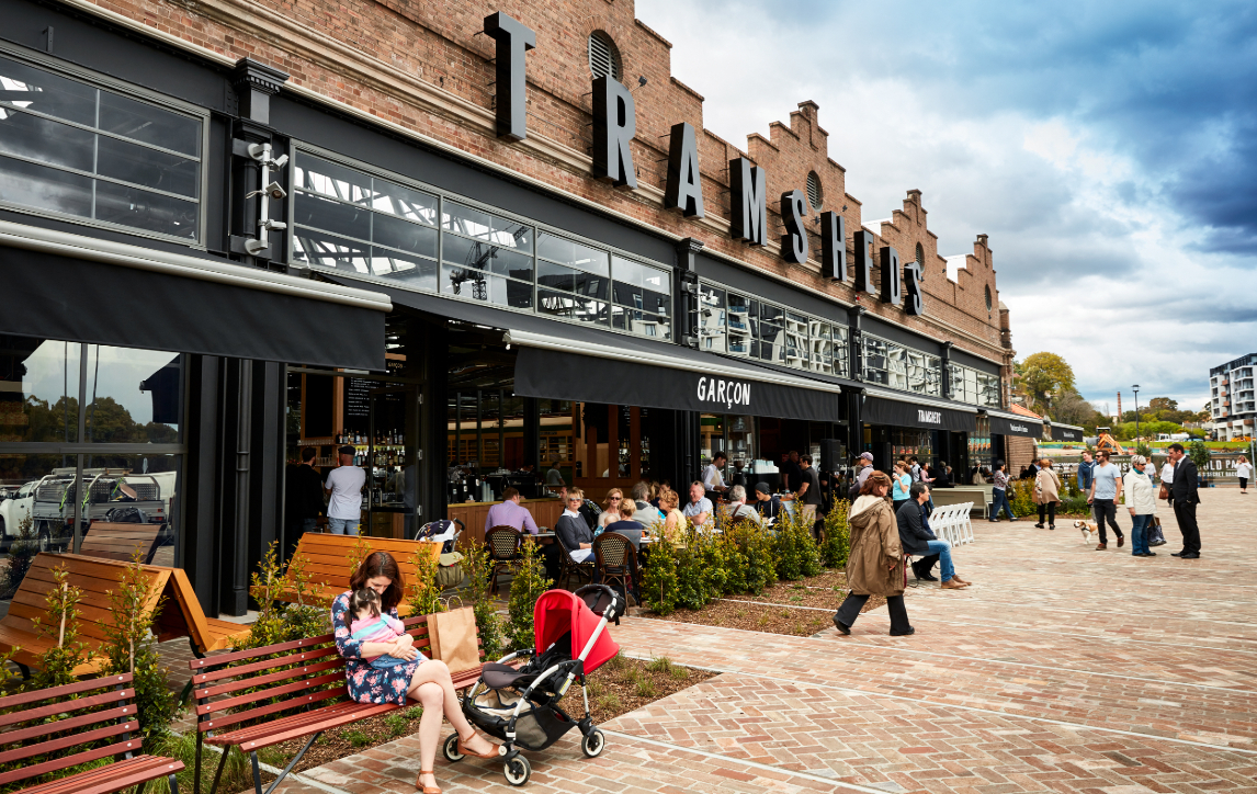 Tramsheds Harold Park external view with people