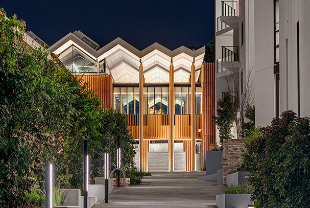 Marrickville Library and apartments external view at night