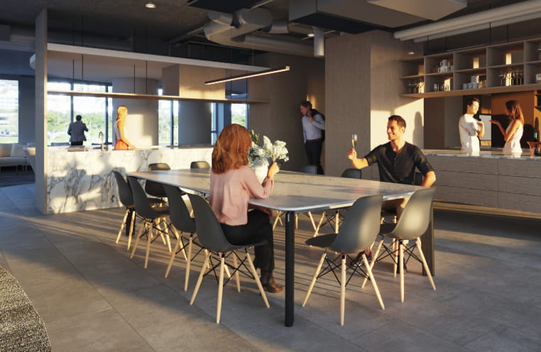 Mirvac Build to Rent render of people sitting at communal table