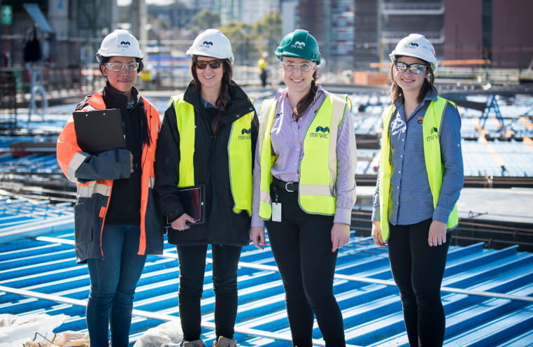 4 female Mirvac construction workers on site