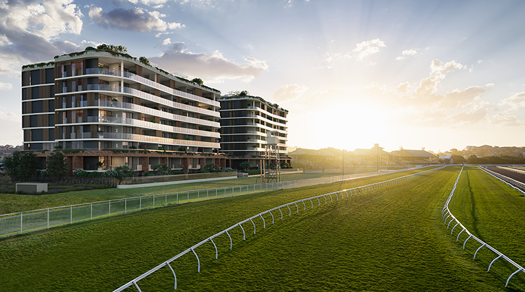Ascot Green by Mirvac apartments external view at Eagle Farm race course