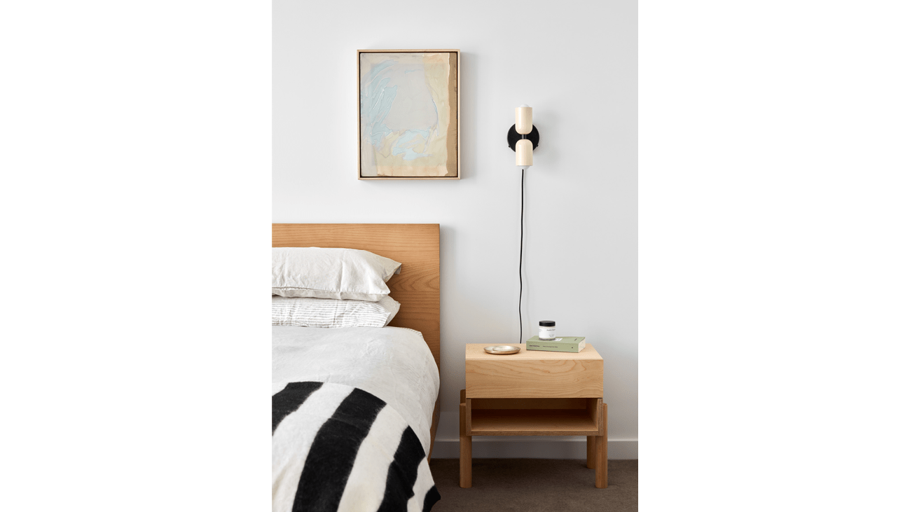 Bed and base by Koala, bedside table by Plyroom, 100% French Linen by Carlotta + Gee