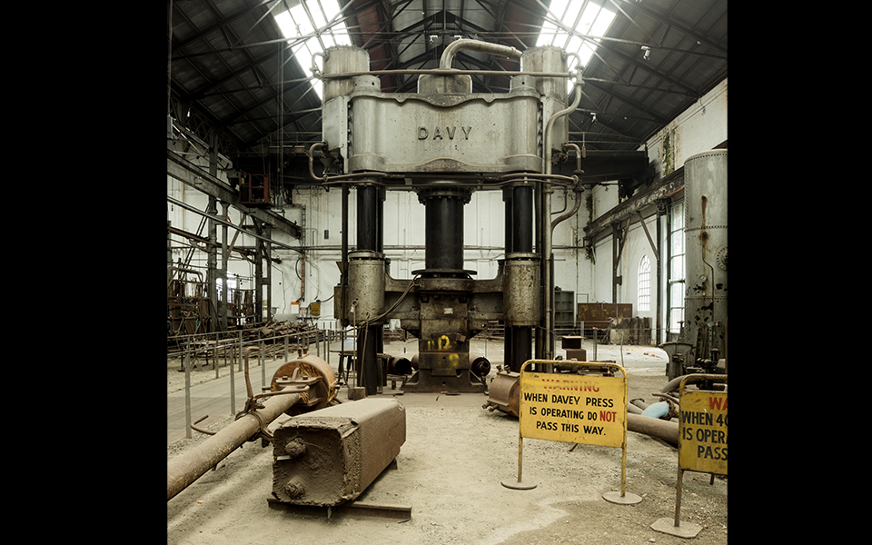 Front of the Davy Press. The metal billet holder on the left was used by a team of workers to guide the metal across the press bench.