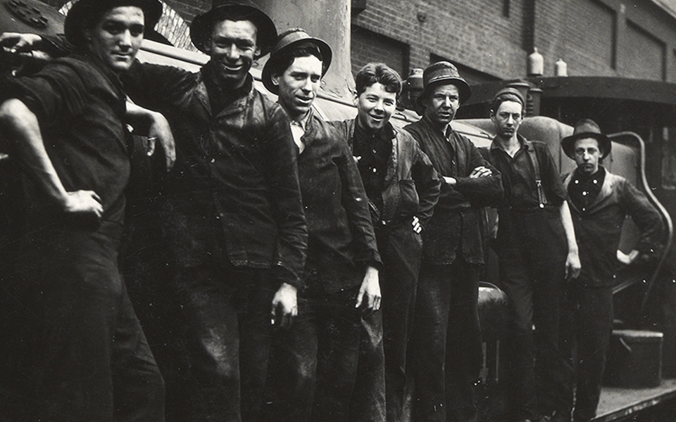 Seven Loyal apprentices of eight on the pit. Old Erecting shop, during the 1917 Great Strike