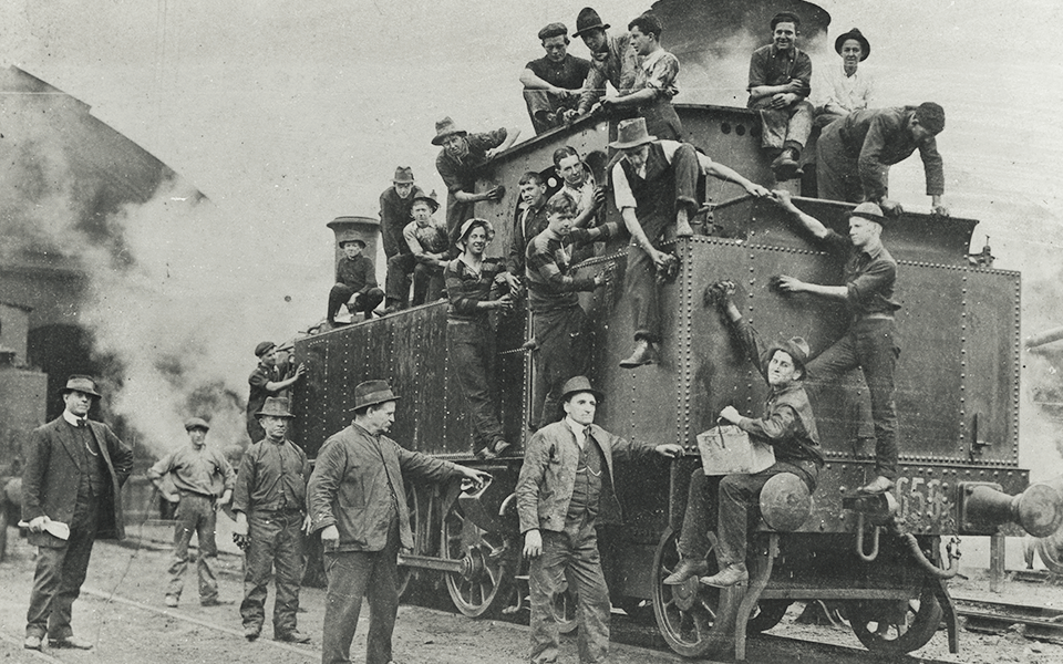 Schoolboy volunteers shown in this picture washing a locomotive during the 1917 Strike, were part of the volunteer workforce called upon to fill the roles left vacant by striking workers.