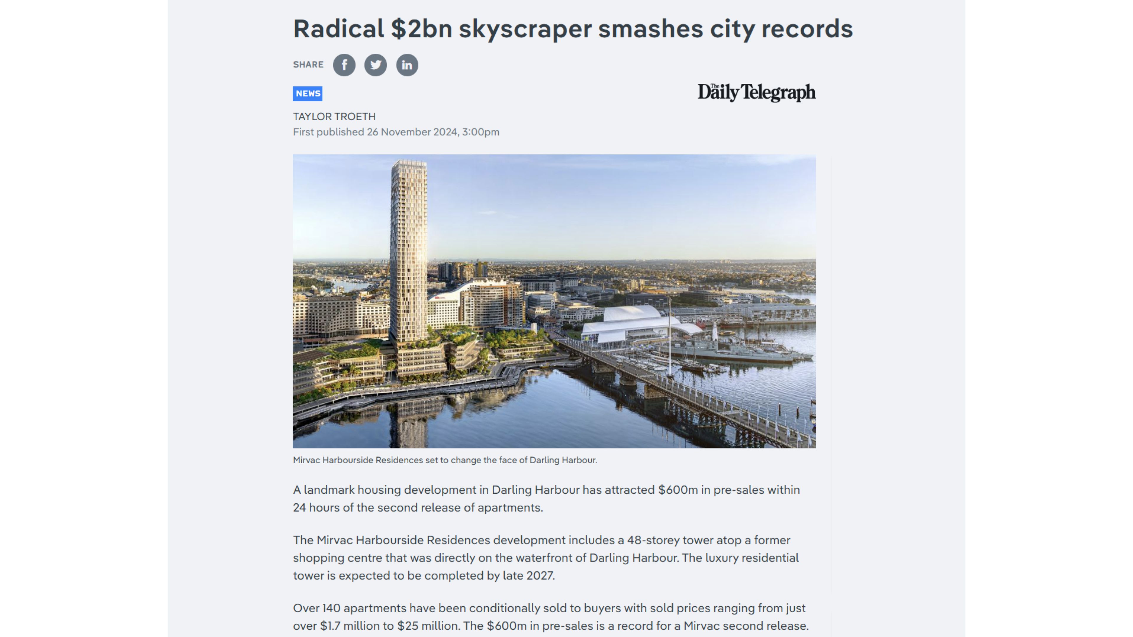 The Daily Telegraph article image - Harbourside Residences