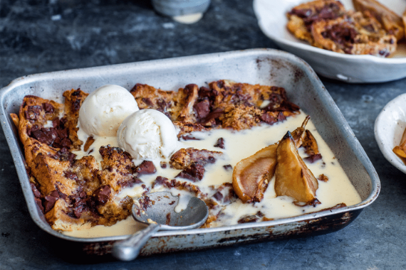 Chocolate hot cross bun & butter pudding