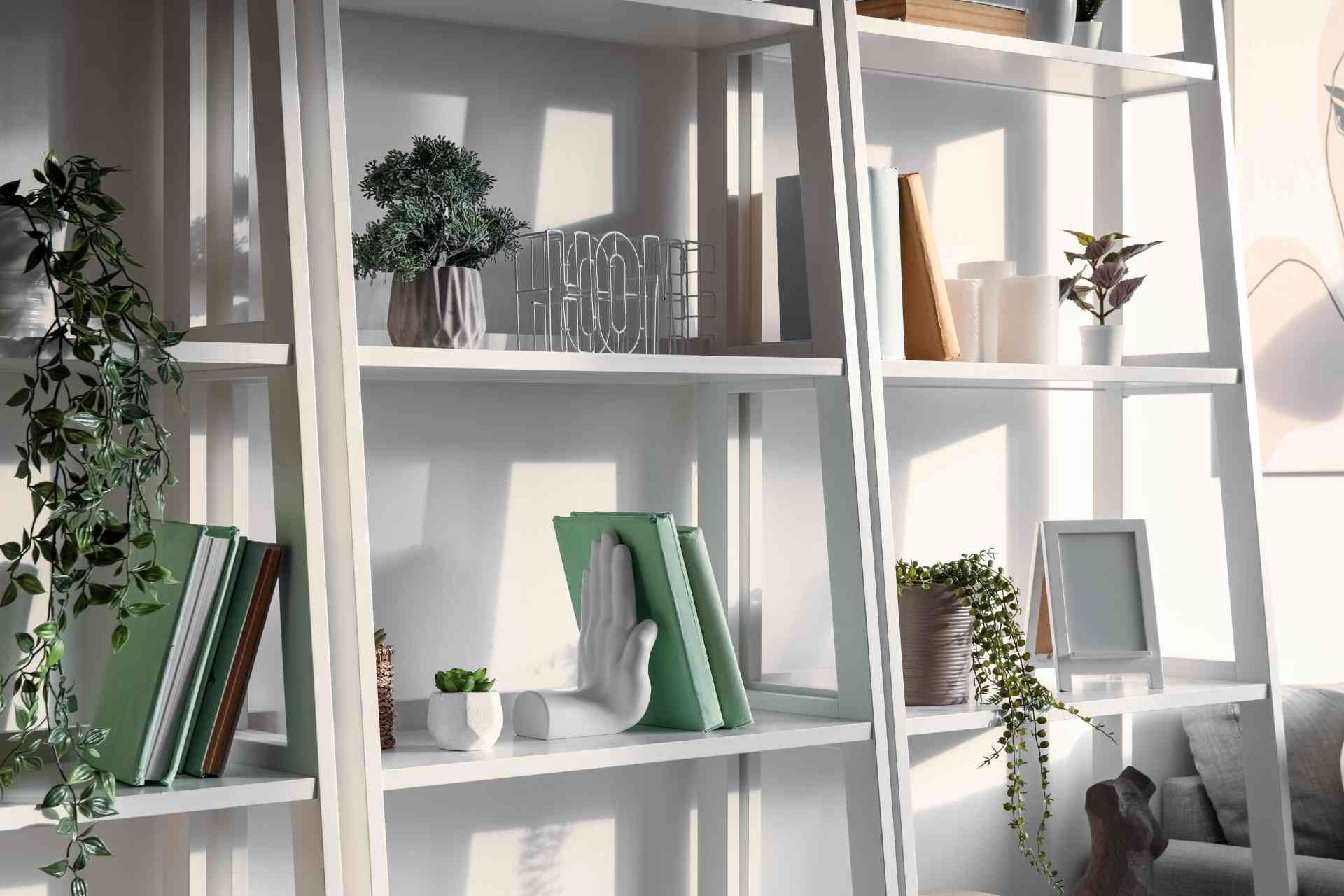 Artificial plants adorning living room shelves